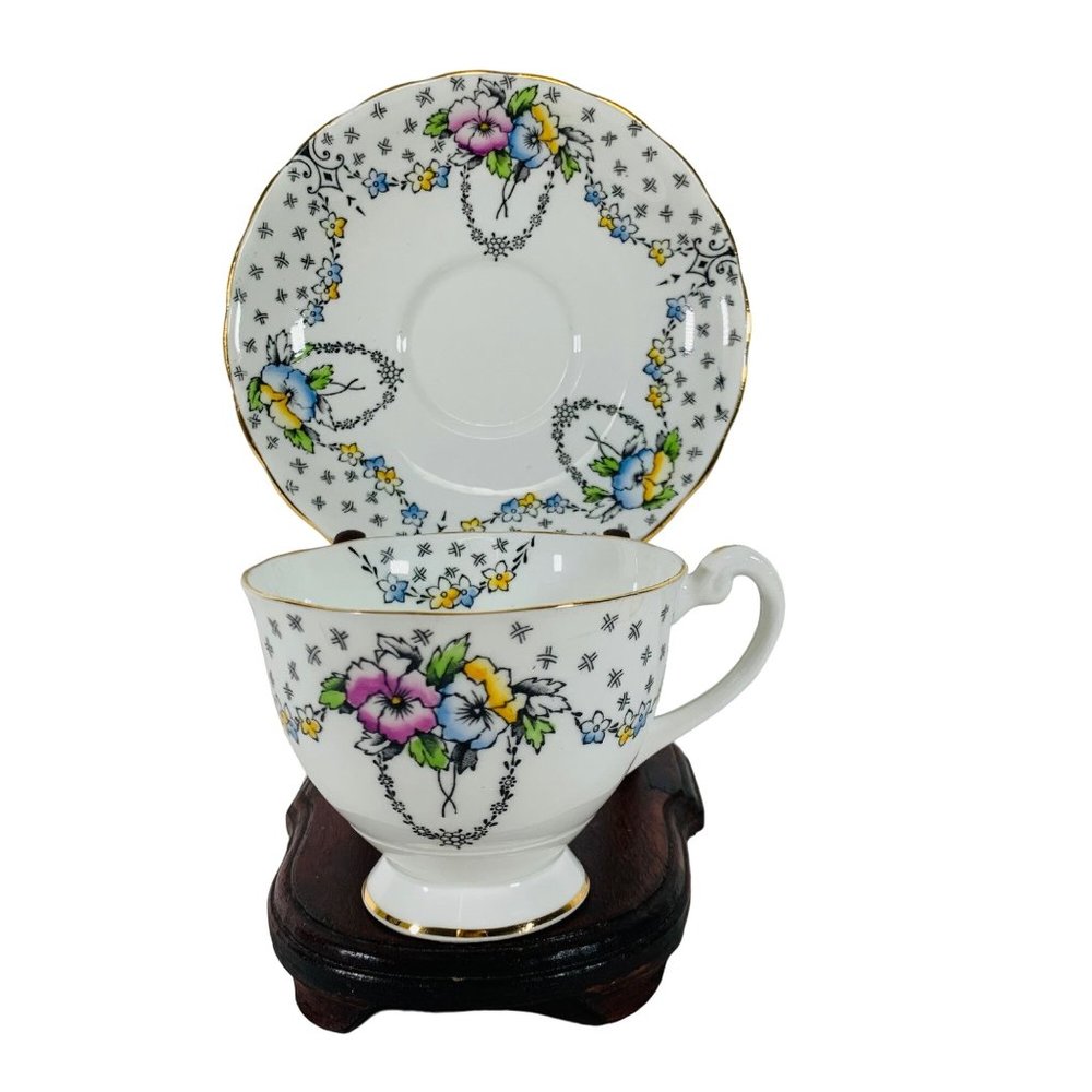 Vintage Clarence England Bone China Teacup Pansies Gold Trim Cup & Saucer RARE